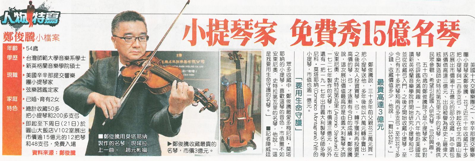 蘋果日報 小提琴家 鄭俊騰 展出15億名琴名弓 孟橙策略行銷